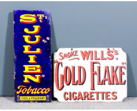 An early 20th Century enamel double sided rectangular hanging advertising sign, in red on white ground "Smoke Will's Gold Fla