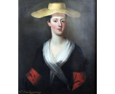 Early 18th Century English school - Oil painting - Half-length portrait - "Mrs Ann Jennings" - Young woman wearing a straw ha
