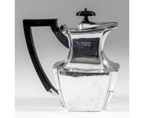 An Edward VII bachelors silver octagonal hot water pot of panelled form, with ebonised finial and angular loop handle, 5.25in