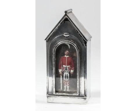 An Edward VII silver novelty travelling inkstand in the form of a sentry box, the fall front inset with picture of a sentry a