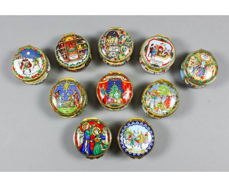 A part collection of Halcyon Days enamel Christmas boxes - 1973-2009 (26), and seventeen other Halcyon Days enamel boxes and 