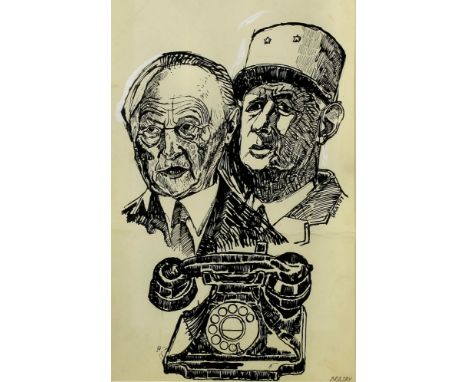 *** John Bratby (1928-1992) - Ink and pen drawing heightened with white - Double portrait of Charles de Gaulle and Konrad Ade