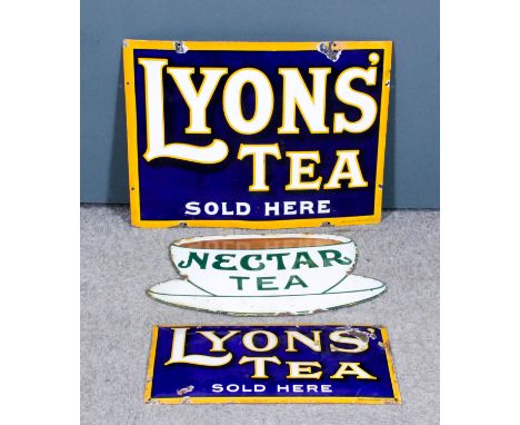 An early 20th Century enamel rectangular advertising sign in blue and orange on white ground, "Lyons' Tea Sold Here", 18ins x