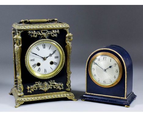 A 19th/early 20th Century French gilt brass and ebonised mantel clock, the 3.5ins diameter white enamel dial with Roman numer