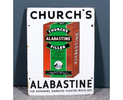 A 20th Century enamel rectangular advertising sign in green, brown, black, and white, "Church's Alabastine Filler" and showin