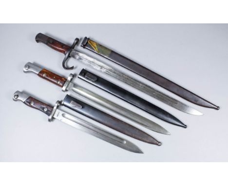 Three 20th Century Mauser bayonets, the first with a 10ins bright steel fullered blade bearing Siamese markings, blued steel 