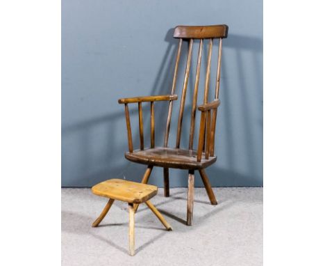 An 18th/19th Century Primitive stickback armchair, and a small three legged stool                       