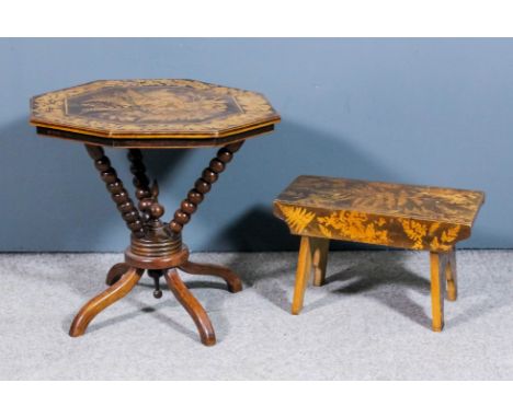 A Mauchline "Fernware" octagonal occasional table supported on three bobbin turned supports and with four legged base, 22ins 