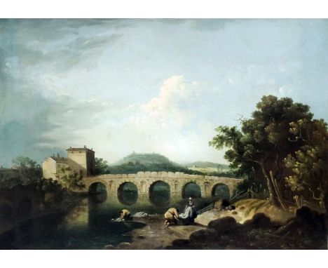 Attributed to Richard Wilson (1714-1782) - Oil painting - The Bridge of Tiberius at Rimini - Figures on the river bank washin