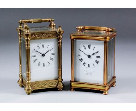 An early 20th Century French carriage timepiece, the white enamel dial with Roman numerals, to the eight day movement, contai