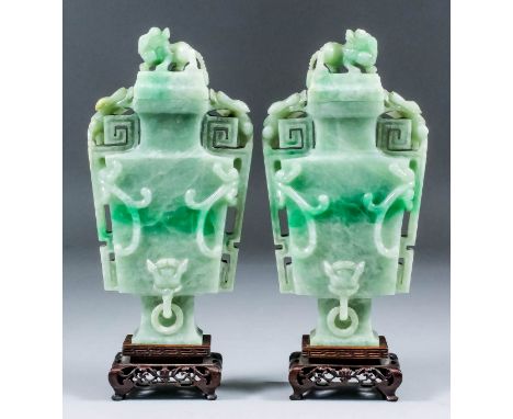 A pair of Chinese celadon jadeite rectangular baluster-two handled vases and covers of Kylin finials, the vases with handles 