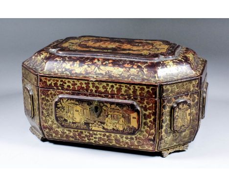 A Chinese black lacquer octagonal tea caddy decorated in gilt and red with scenes of figures in landscapes, the interior with