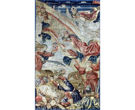 A late 16th/early 17th Century Flemish tapestry fragment woven in faded colours with three representations of God, each crown