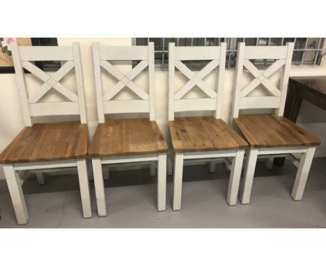 A set of 4 matching heavy wooden dining chairs. In white Shaker style, with shaped light oak seats. Approx. H102cm.