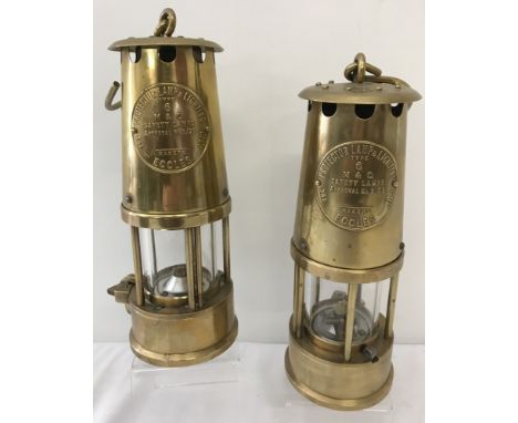 2 vintage brass miners safety lamps with name plates. The Protector Lamp &amp; Lighting Co Ltd, Eccles, Type 6. One stamped A