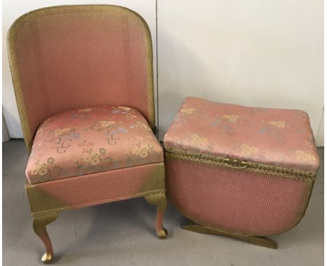 2 pieces of matching vintage Loom furniture in pink and gold. Curve backed chair with floral satin upholstery, removable seat