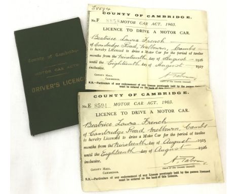 2 vintage driving licences dated 1925-26 and 1926-27. Belonging to Beatrice Laura French of Cambridge in a County of Cambridg