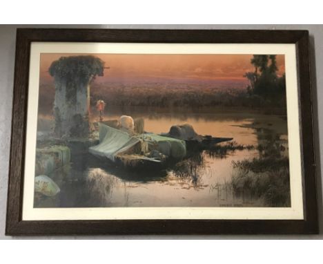 A vintage framed and glazed print "Pontaine Marshes" by Enrique Serra.  Frame size approx. 52 x 77cm.