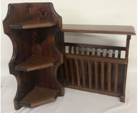 A small 3 tiered corner shelf unit in dark wood. Together with a vintage brass inlaid wooden magazine rack/side table approx.
