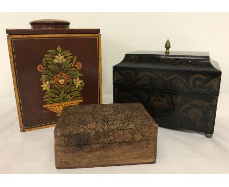 3 vintage wooden boxes; 2 with painted detail and one highly carved.  Largest approx. 24cm tall.