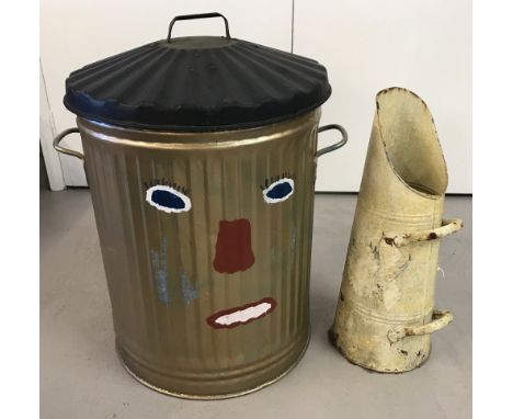 A galvanised lidded dustbin together with a vintage metal coal chute. Both items have been painted. 