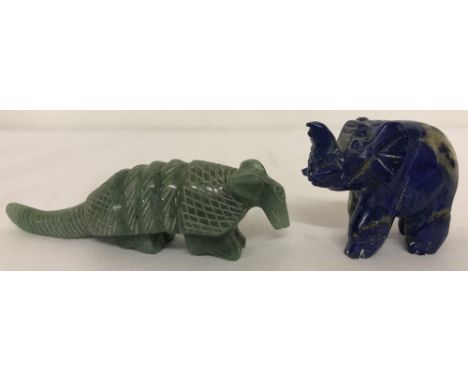 A carved jade armadillo together with a carved lapis lazuli elephant.  