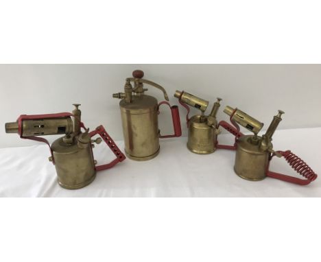 3 vintage brass blow lamps together with a vintage brass sprayer. Lamps comprising: Radius No 47, Made in Sweden, Veritas par