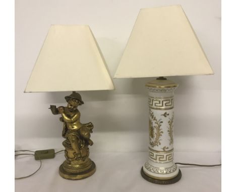 Two small table lamps in classical styles with shades. One white porcelain with gilded decoration &amp; Greek key design.  Th