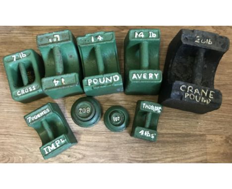 A collection of vintage weights, ranging from 1oz to 20lb.  