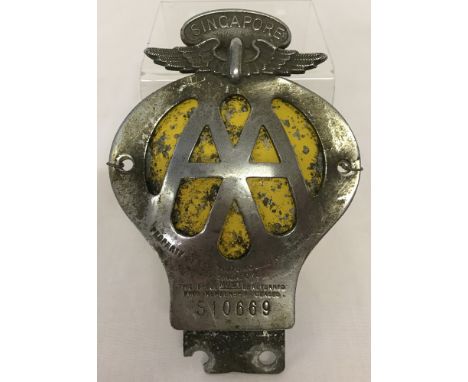 A vintage Singapore AA car badge. Numbered S10669.  Approx. 14cm tall.