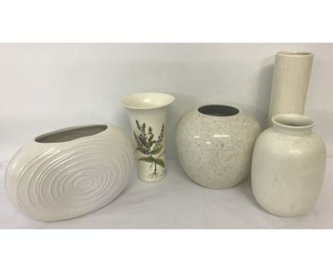 A collection of 5 large modern &amp; vintage vases in cream and pastel tones.  To include Poole.  Tallest approx. 31cm.