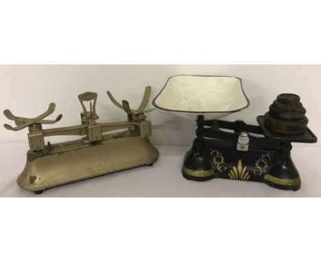 2 sets of vintage weighing scales. One set complete with enamel bowl and set of 4 weights. met