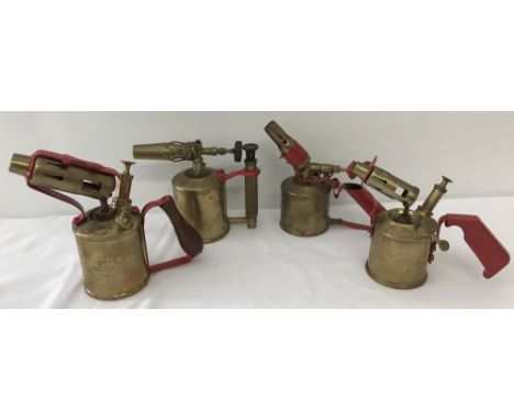 4 vintage brass blow lamps; handles and blower supports have been painted red. Comprising: 3 x "Original Sievert" Made in Swe