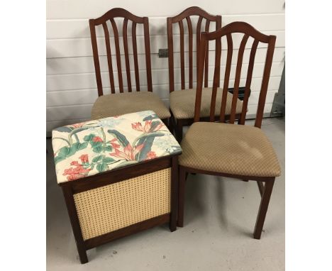 3 modern mahogany coloured dining chairs together with a vintage wooden laundry box.  