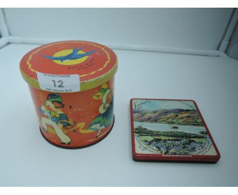 Two vintage transfer printed tins including Blue bird Toffee season's and local interest Keswick on Derwentwater Lakeland