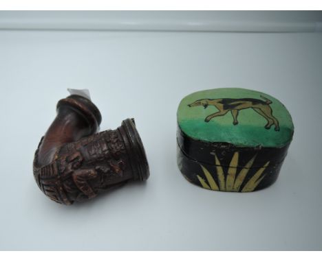 A tobacco smokers pipe dated 1761 with German / Austrian design of musician and naive hand decorated snuff box with hound mot