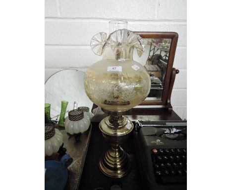 A brass bodied gas lamp with lustre and etched shadeCONDITION REPORT - GENIUNE PERIOD LAMP AND SHADE