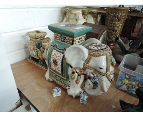 A selection of vintage ceramic Indian elephant plant or similar stands or figuresSMALLER ONE IN GOOD CONDITION, LARGER ONE HA