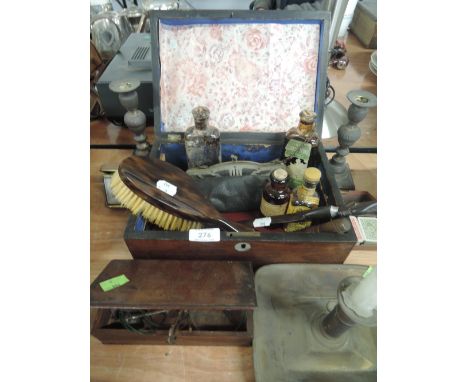 A selection of 19th Century and later items etc including stationery or jewellery box,  scales, essence bottles, chamber stic