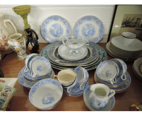 A selection of vintage blue and white wear ceramics including willow wear and part tea service