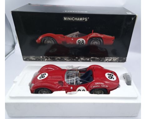 Minichamps 1:12th scale model Maserati Tipo 61 Times/Mirror GP 1960 "Carroll Shelby, race No.98 Decal". Condition appears Exc