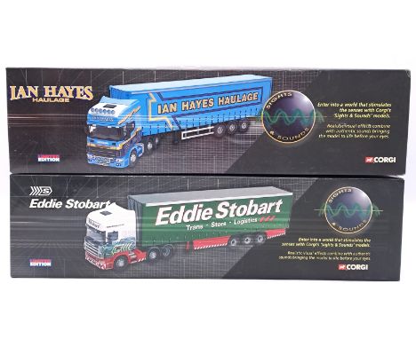 Corgi a boxed 1:50 scale (Sights &amp; Sounds) pair comprising of CC12936 Scania Topline Curtainside Trailer "Eddie Stobart" 