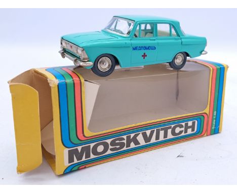 USSR Moskviych (Russian Made) 1:43 scale boxed car; in light blue/turquoise with "Medical" livery. Condition appears generall