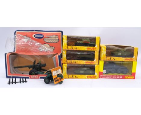 A boxed military group to include; Crescent No.1251 5-5 Howitzer Gun (missile sprue present with all missiles attached) in bo