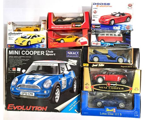 Bburago, Nikko, Guiloy and similar, a boxed larger mixed scale group to include Nikko 1:14 scale Radio Controlled Mini Cooper