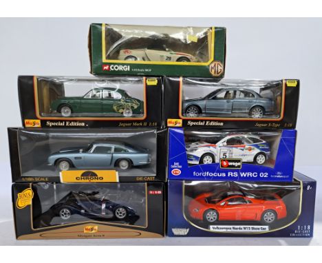 Maisto, Burago, Chrono and similar a 1:18 scale boxed group to include; Maisto No.36637 Morgan Aero 8 as well as others. Cond