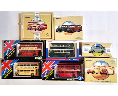 Corgi &amp; Solido, a boxed bus group. Conditions appear generally Good although some appear to have been re packaged possibl
