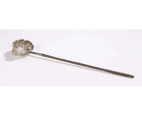 George III silver toddy ladle, London 1768, makers mark rubbed, the bowl with embossed foliate and scroll decoration, with ta