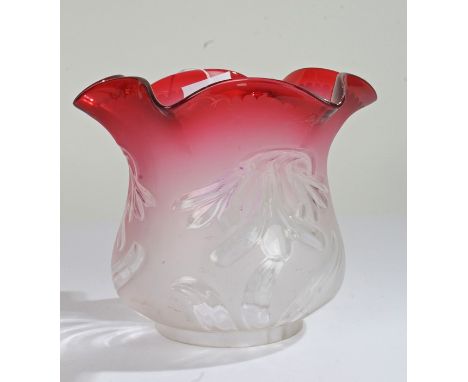 Victorian style glass oil lamp shade, with wavy cranberry glass rim and frosted body17.5cm diameter