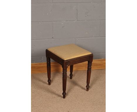 Victorian mahogany stool, with a drop in seat above ring turned legs, 39cm x 40cm